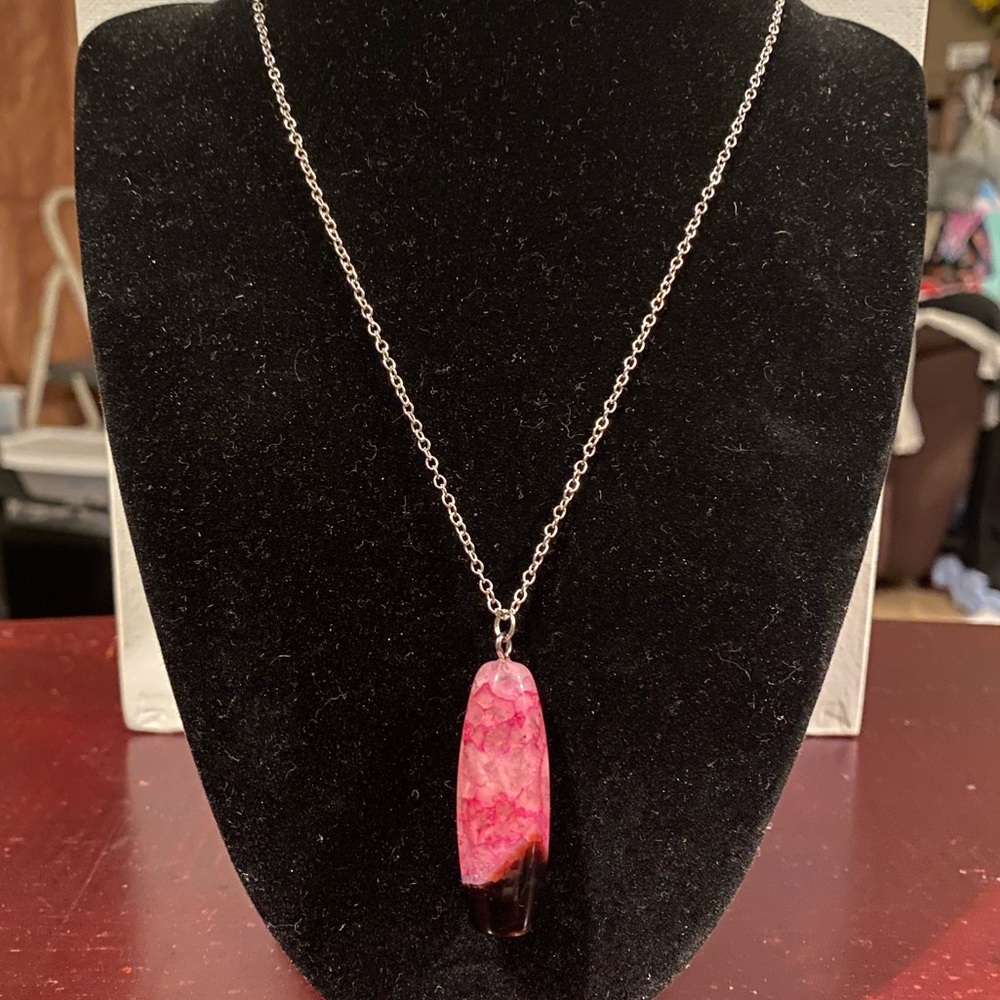 New Pink/Black Druzy Pendant On Handmade Necklace